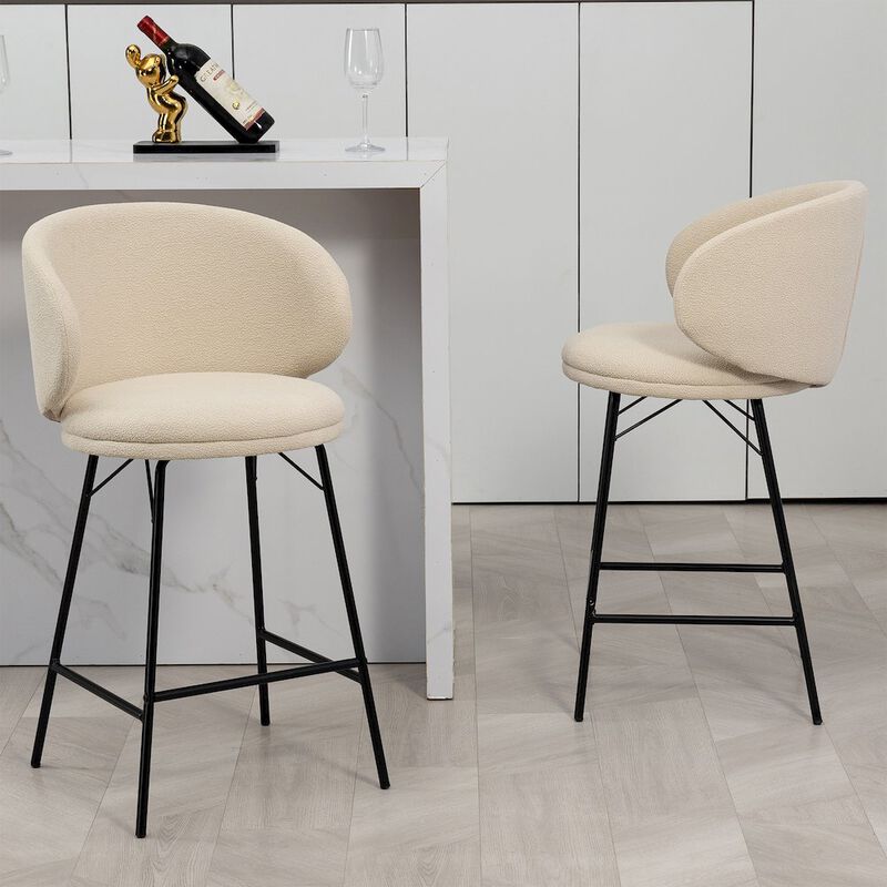 Glamour Home Set of 2 Baxter White Boucle Fabric Counter Stool with Black Iron Legs