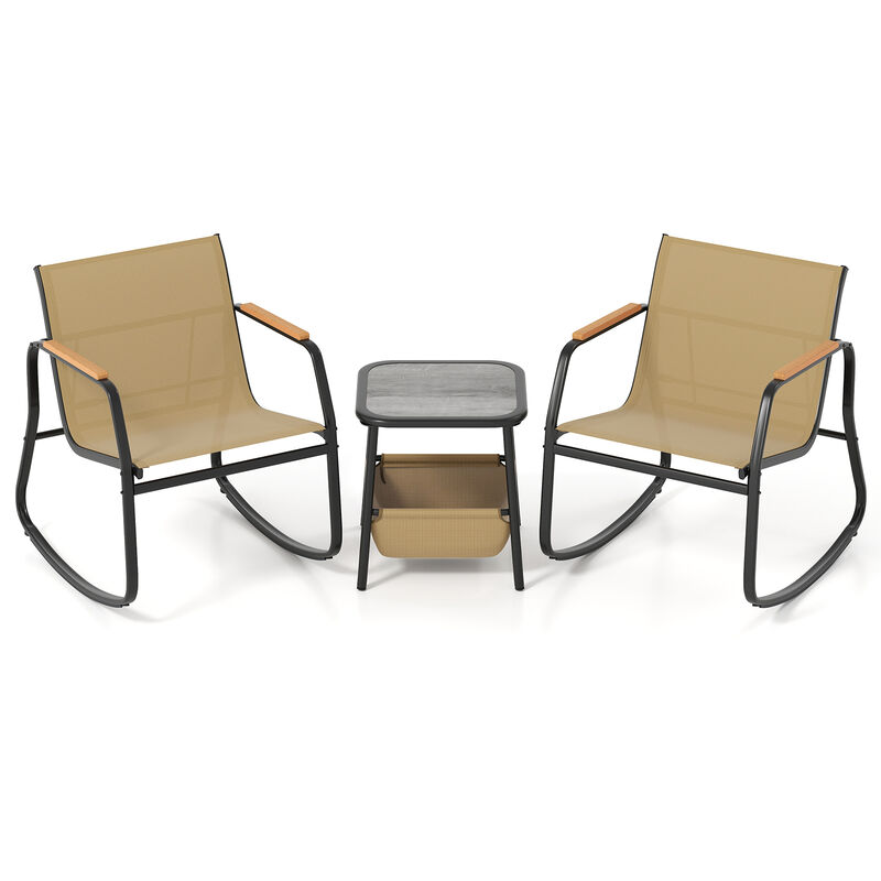 Brown 3-Piece Outdoor Rocking Bistro Set with Side Table and Storage Bag image number 0
