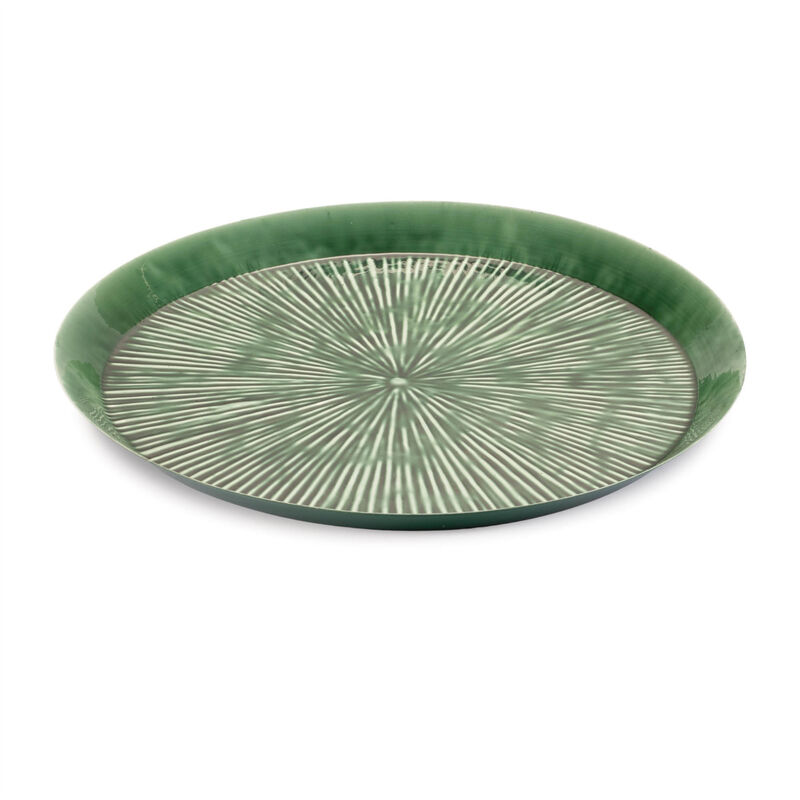 HomeRoots 14" Green Metal Etched Round Serving Tray image number 0