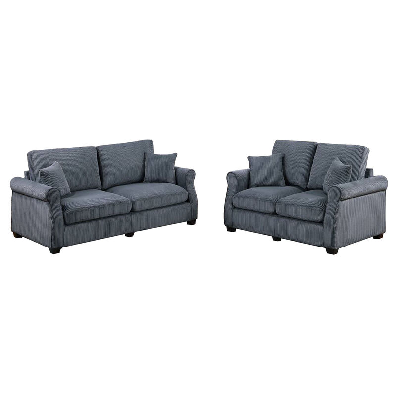 Jesica 2pc Loveseat n Sofa Set, 2 Pillows, Dark Gray Corduroy Fabric - Benzara