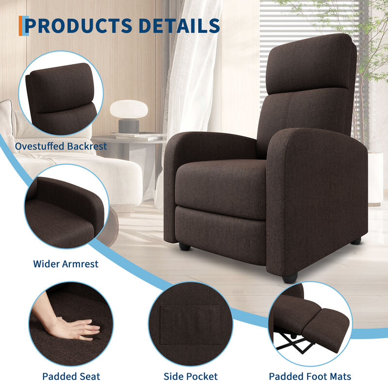 Linen Fabric Manual Recliner Chair, Lounge Chair for Living Room, Home Theater, Outdoor Relax, Brown image number 2