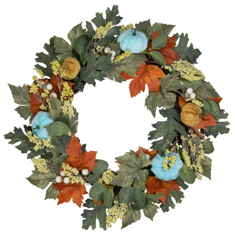 Green and Orange Foliage and Gourds Thanksgiving Artificial Wreath  22-Inch