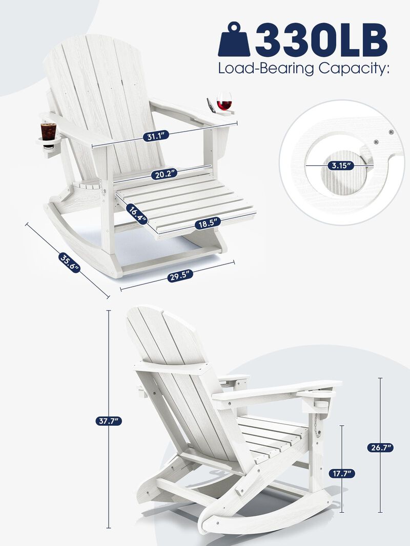 KINGYES Folding Adirondack Rocking Chair with Retractable Ottoman and Cup Holders, 4-in-1 Multifunctional HDPE Adirondack Chair