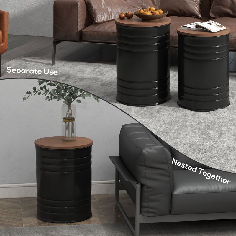 Round Storage Ottoman Set of 2, Nesting Ottomans with Wooden Lid, Metal Frame and Hidden Storage Space for Bedroom