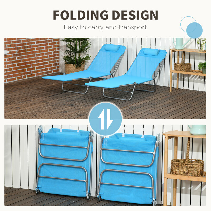 Outsunny Folding Chaise Lounge Pool Chairs, Outdoor Sun Tanning Chairs with Pillow, Reclining Back, Steel Frame & Breathable Mesh for Beach, Yard, Patio, Blue