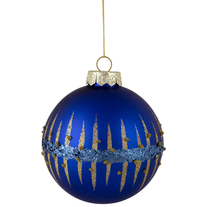 4" Blue and Gold Glitter Glass Ball Christmas Ornament