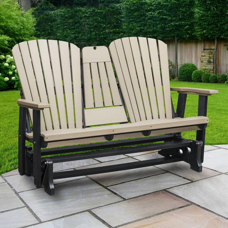 American Furniture Classics Two Seat Fan Back Glider with Drop Down Table/Cup Holder in Weatherwood