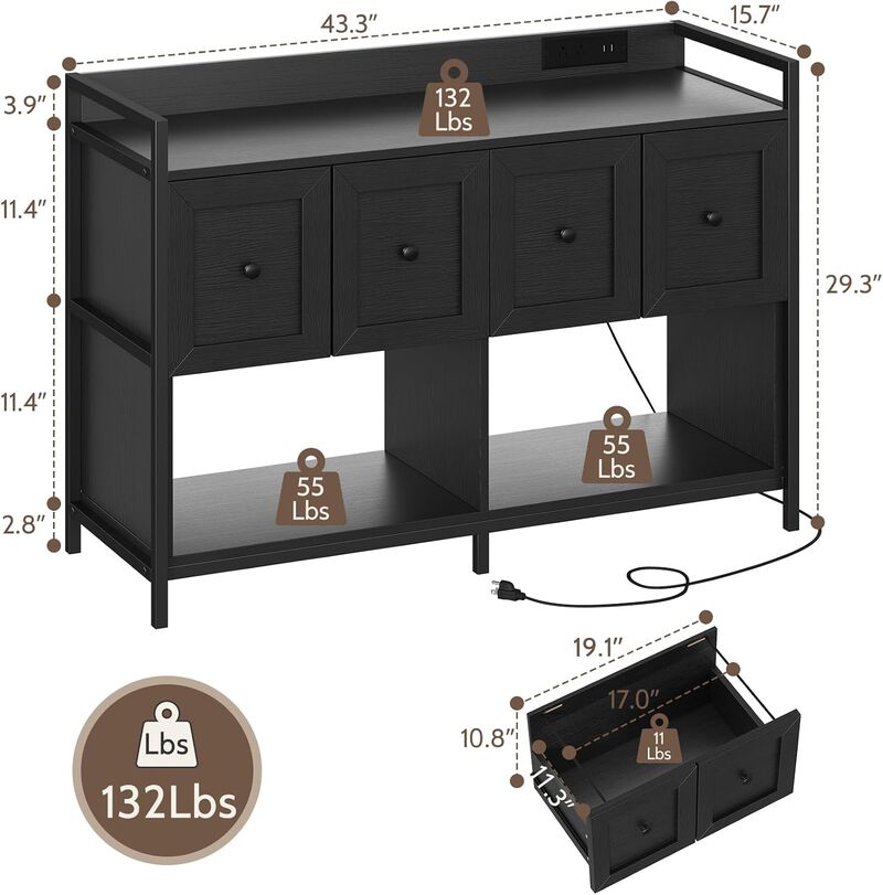 File Cabinet with Bookshelf Organizer, 43"W Wood File Cabinet with Power Outlet, 2 Drawers, 2 Open Storage Shelves, File Storage Fits Legal/A4 Size image number 2