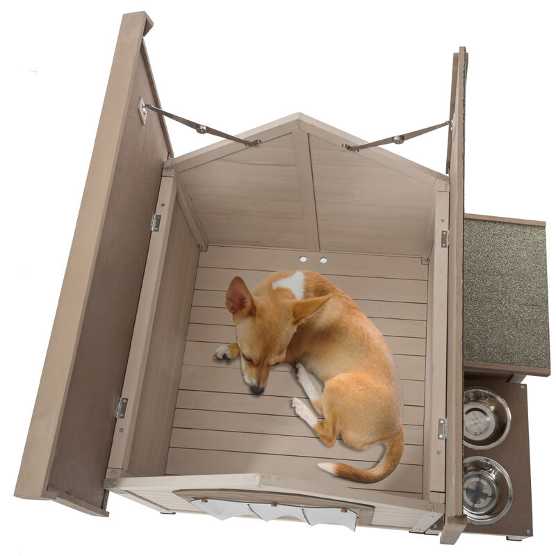 Outdoor For wood dog house with an open roof ideal for small to medium dogs. With storage box, elevated feeding station with 2 bowls. Weatherproof asphalt roof and treated wood