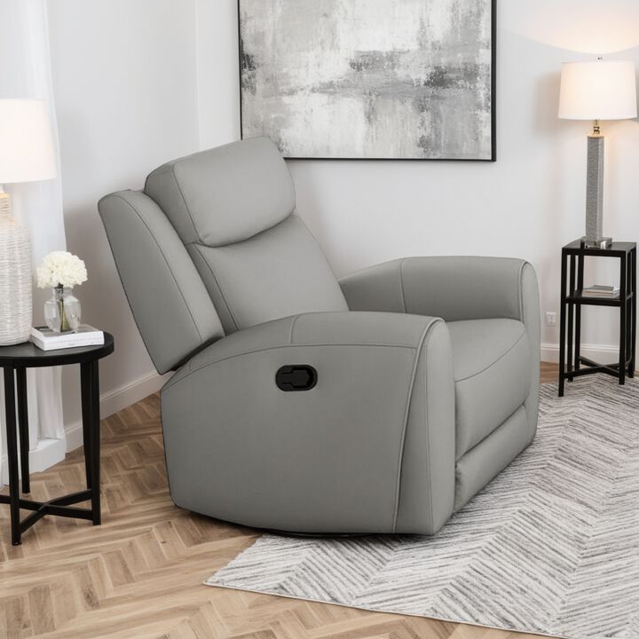 Cobe Manual Recliner Chair, Solid Wood and Soft Top Grain Gray Leather
