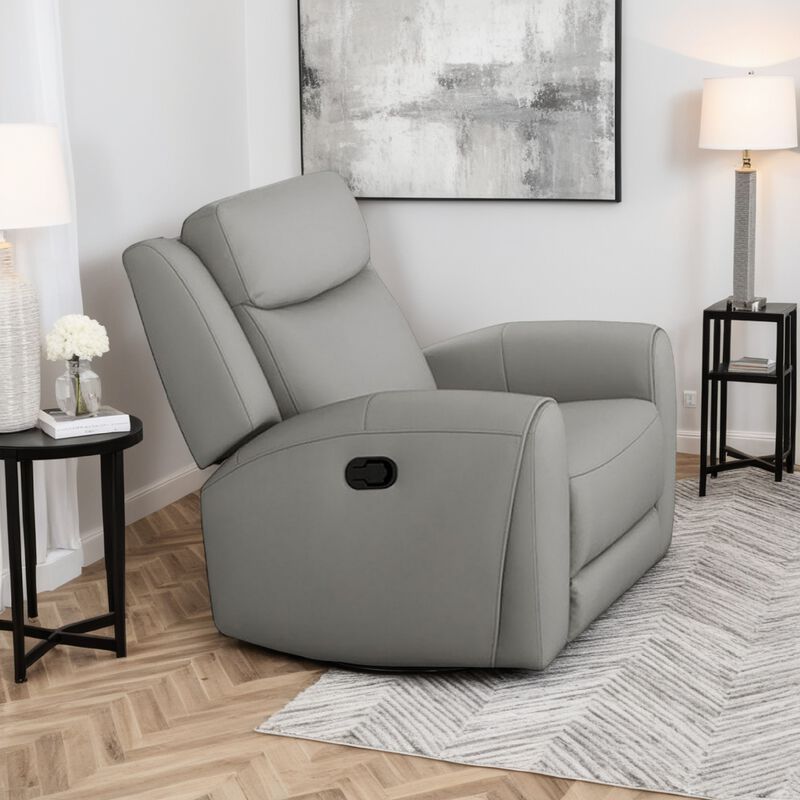 Cobe Manual Recliner Chair, Solid Wood and Soft Top Grain Gray Leather - Benzara