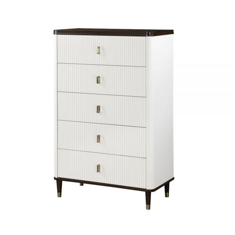 Benjara Aren 36 Inch Tall Dresser Chest, Jewelry Tray, 5 Drawers, Solid Wood, White and Brown