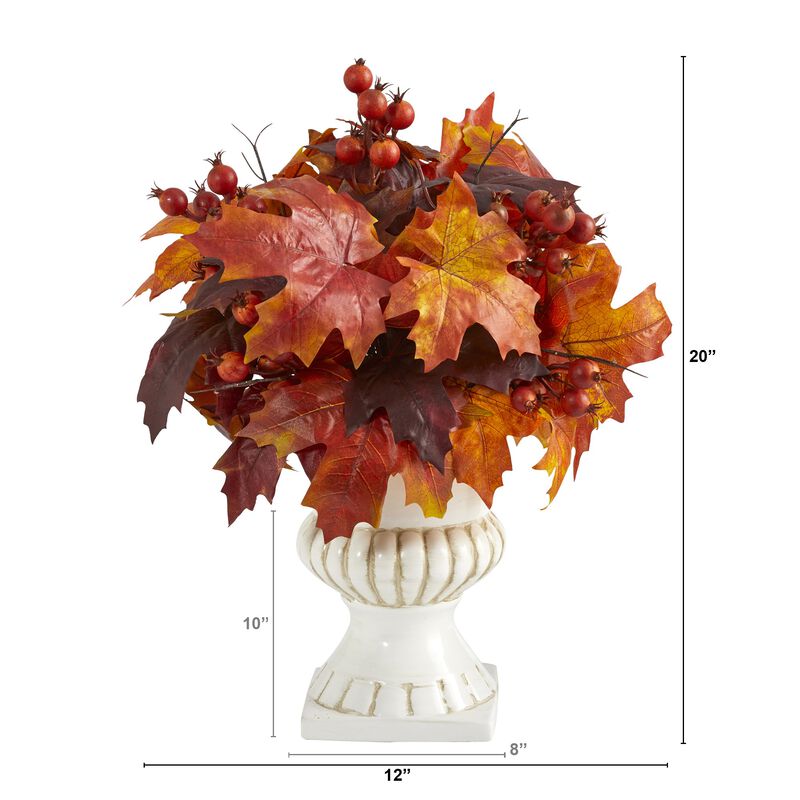 Hivvago 20" Autumn Maple Leaf and Berries Artificial Plant in White Urn