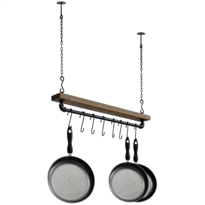 Rustic Industrial Ceiling Pot Rack with 8 S-Hooks – Farmhouse Style, Hanging Storage