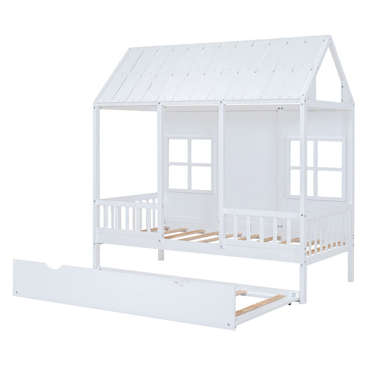 Merax Twin Size Wooden House Bed with Trundle