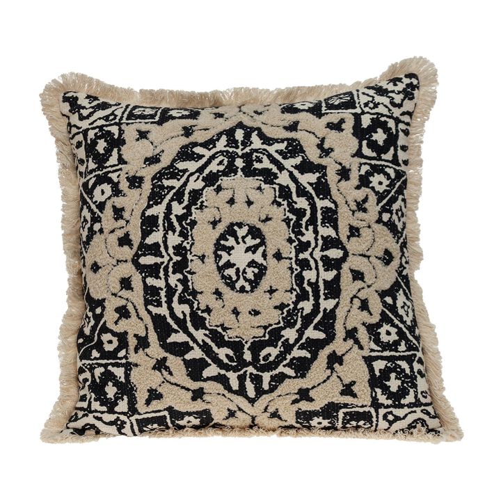 18" Black and Beige Embroidered Ethnic Design Throw Pillow
