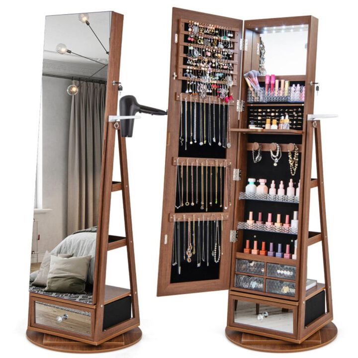 Hivvago Lockable 360&deg; Swivel Jewelry Cabinet with Full-Length Mirror LED Lights