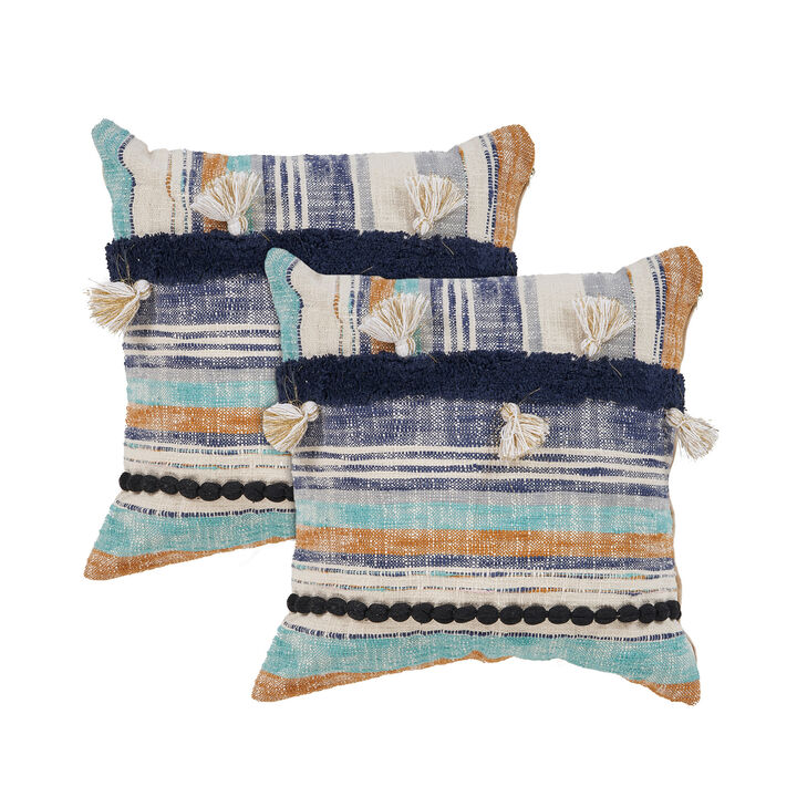 HomeRoots Set of Two Blue Striped Cotton Throw Pillow With Tassels