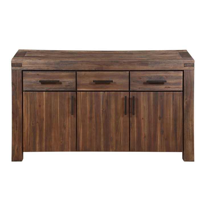Three Drawers Solid Acacia Wood Sideboard with Three Door Cabinets, Brick Brown