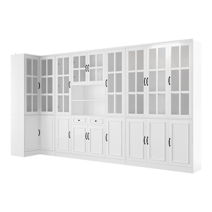 FUFU&GAGA Elegant White Display Storage Cabinet with Glass & Solid Doors, Hidden Storage & Open Shelving, Premium Painted Finish (141.7 in. W x 31.5 in. D x 78.9 in. H)