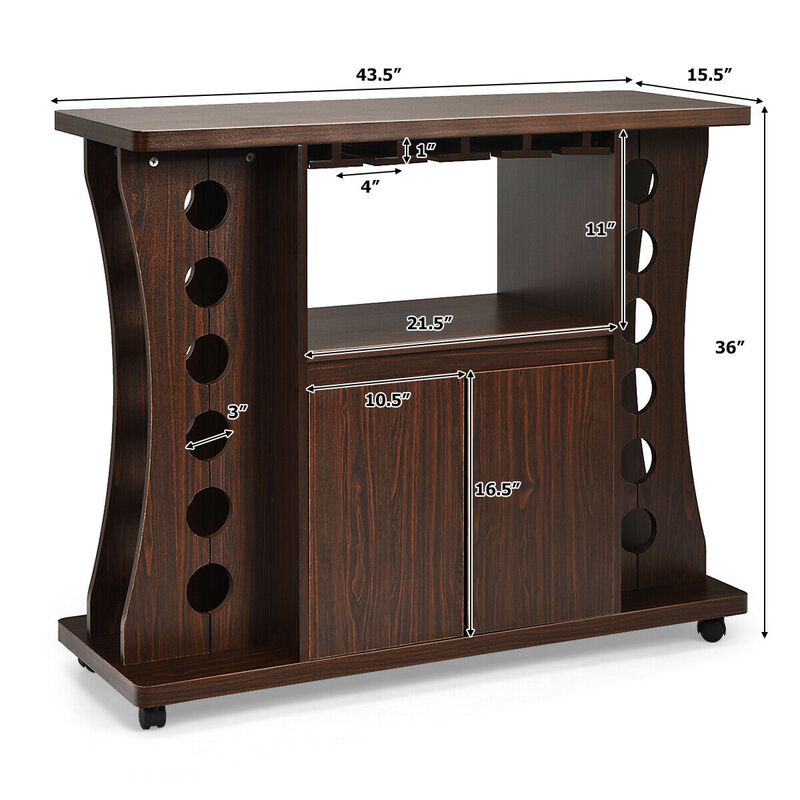 Rolling Buffet Sideboard Wooden Bar Storage Cabinet-Walnut