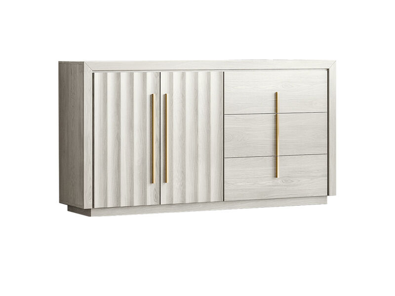 BELLEZE Sideboard Buffet Cabinet, 64.5" Modern Console Table with 3 Drawers and 2 Fluted Doors, Entryway Accent Storage Cabinet, Adjustable Shelves, Dining Room Living Room, White Sand