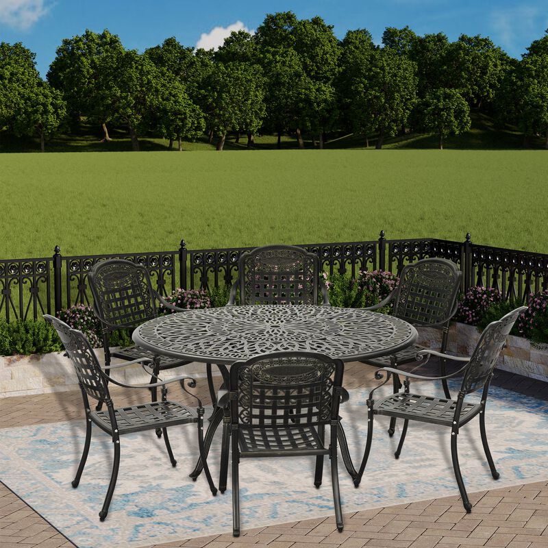 MONDAWE 7-Piece Cast Aluminium Patio Dining Set Aluminum Round Table with 6 Stationary Chairs