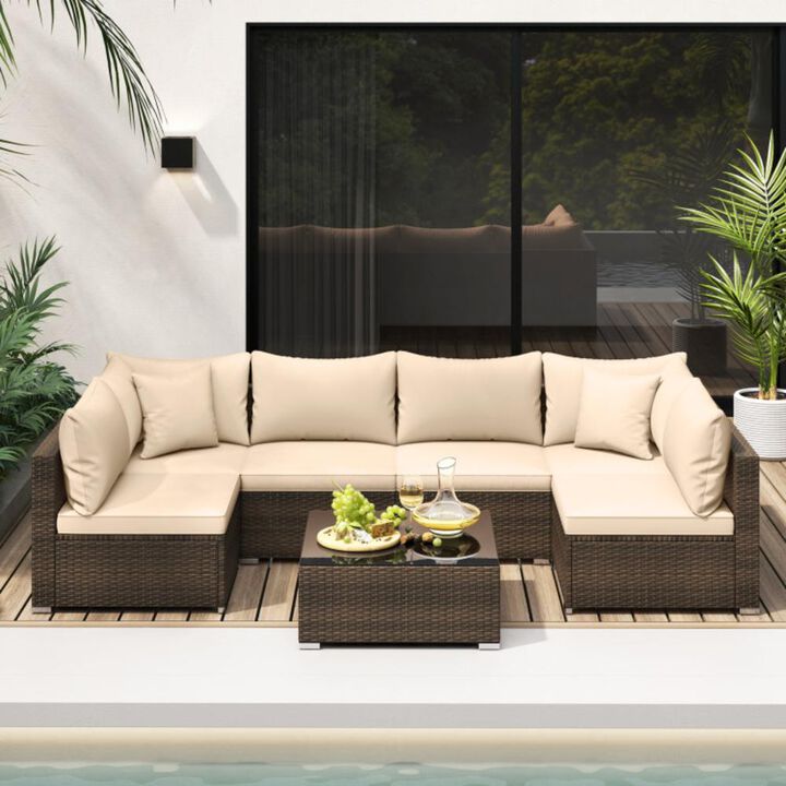 Hivvago 7 Pieces Patio Rattan Furniture Set with Sectional Sofa Cushions