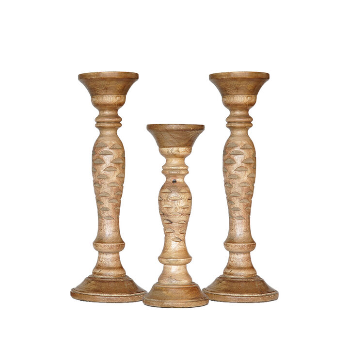 Traditional Wallnut Eco-friendly Handmade Mango Wood Set Of Three 15",12" & 15" Pillar Candle Holder