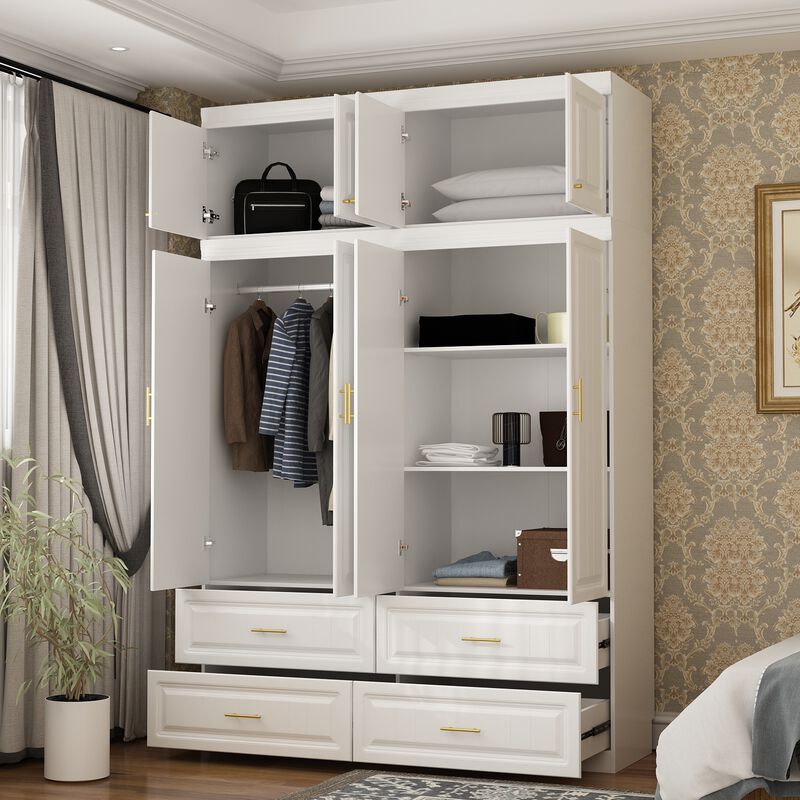FUFU&GAGA 8-Door Wardrobe Closet with 4 Drawers, Cube Storage, and Hanging Rod - Coastal Style White Armoire Wardrobe Cabinet