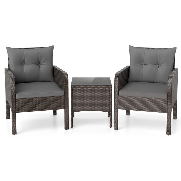 3-Piece Patio Wicker Furniture Set with Cushions for Balcony and Porch