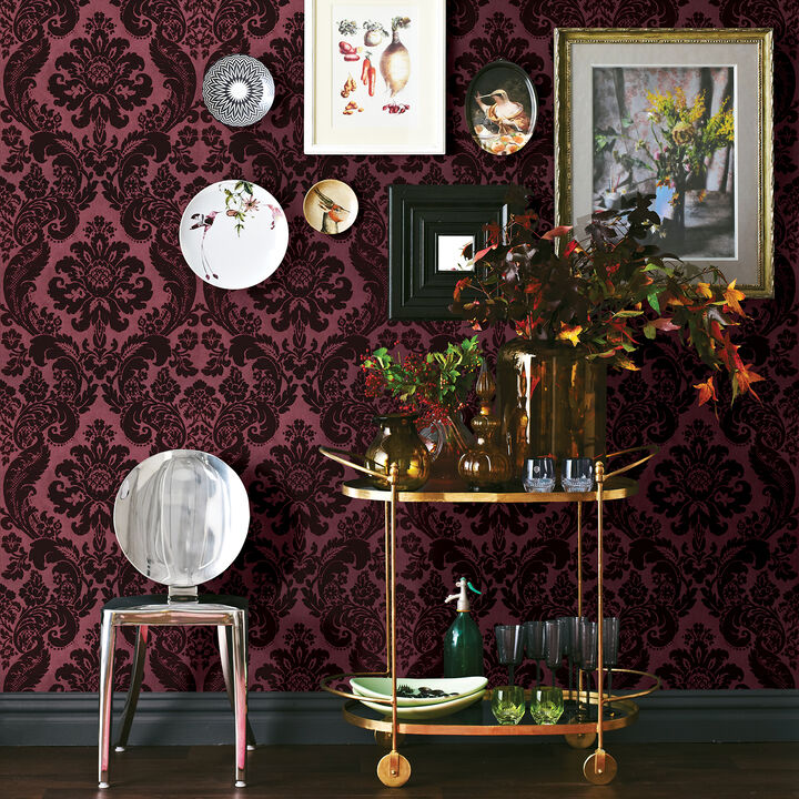 Shadow Merlot Flocked Damask Wallpaper (Set of 2)