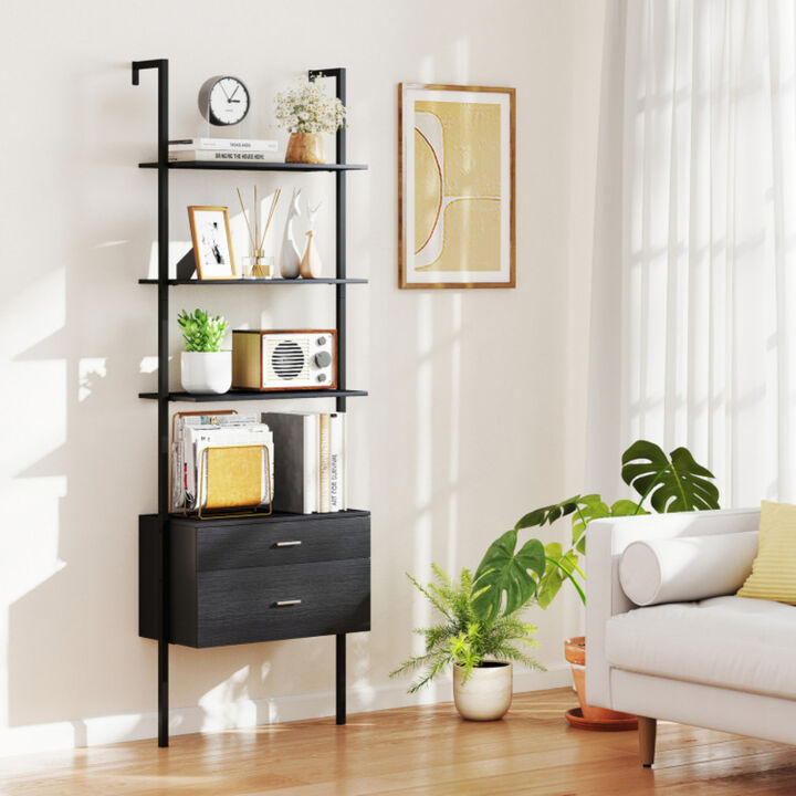 Modern 4-Tier Ladder Bookcase with Drawers, Metal Frame Display Shelf-Black
