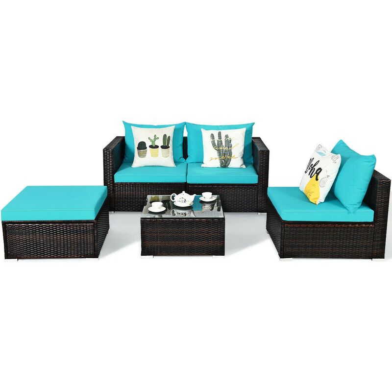 Mondawe 5 Pieces Patio Rattan Sectional Furniture Set with Cushions and Coffee Table