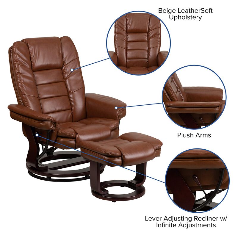 Flash Furniture Bali Contemporary Multi-Position Recliner with Horizontal Stitching and Ottoman with Swivel Mahogany Wood Base in Brown Vintage Leather