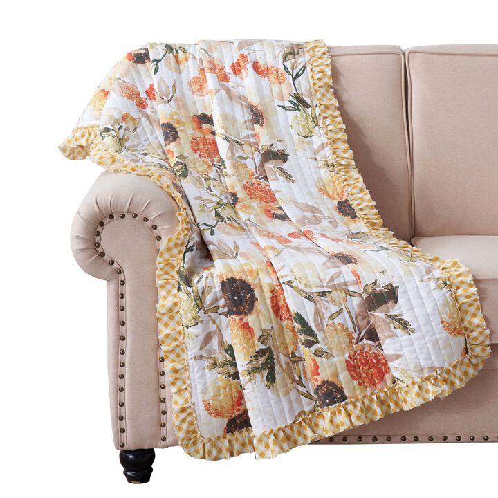 Kelsa 50 x 60 Channel Quilted Throw Blanket, Cotton Fill, Gold Sunflowers-Benzara