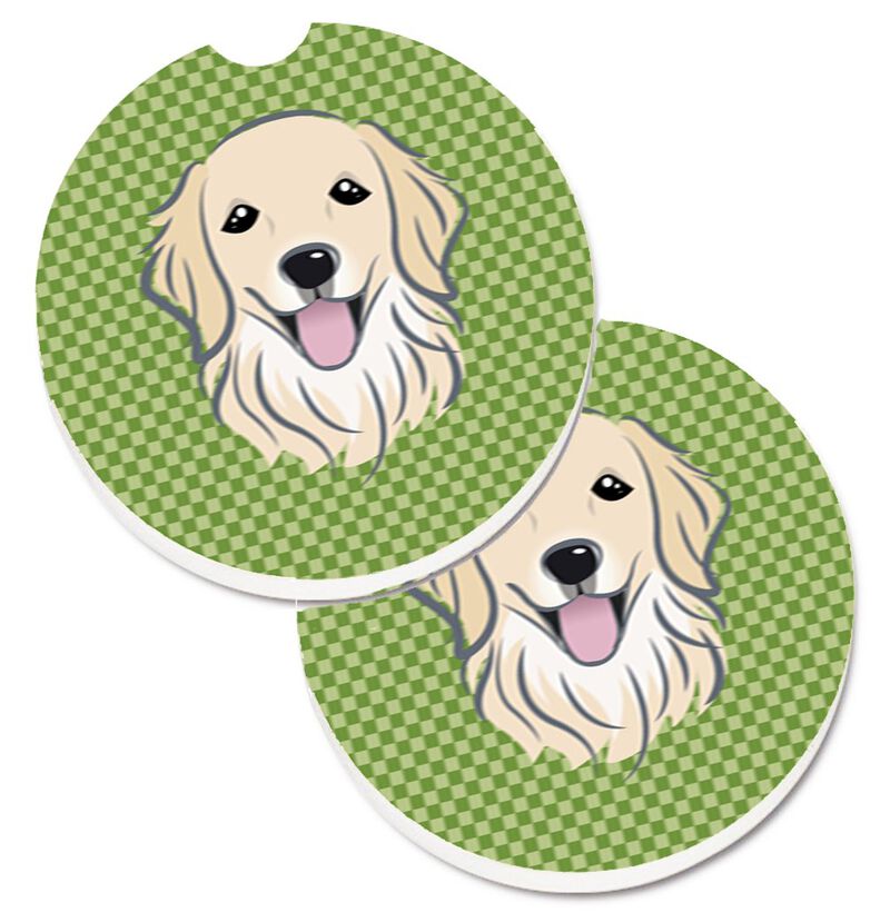 Caroline's Treasures green Checkered Golden Retriever Set of 2 Cup Holder Car Coasters BB1137CARC, 2.56, Multicolor