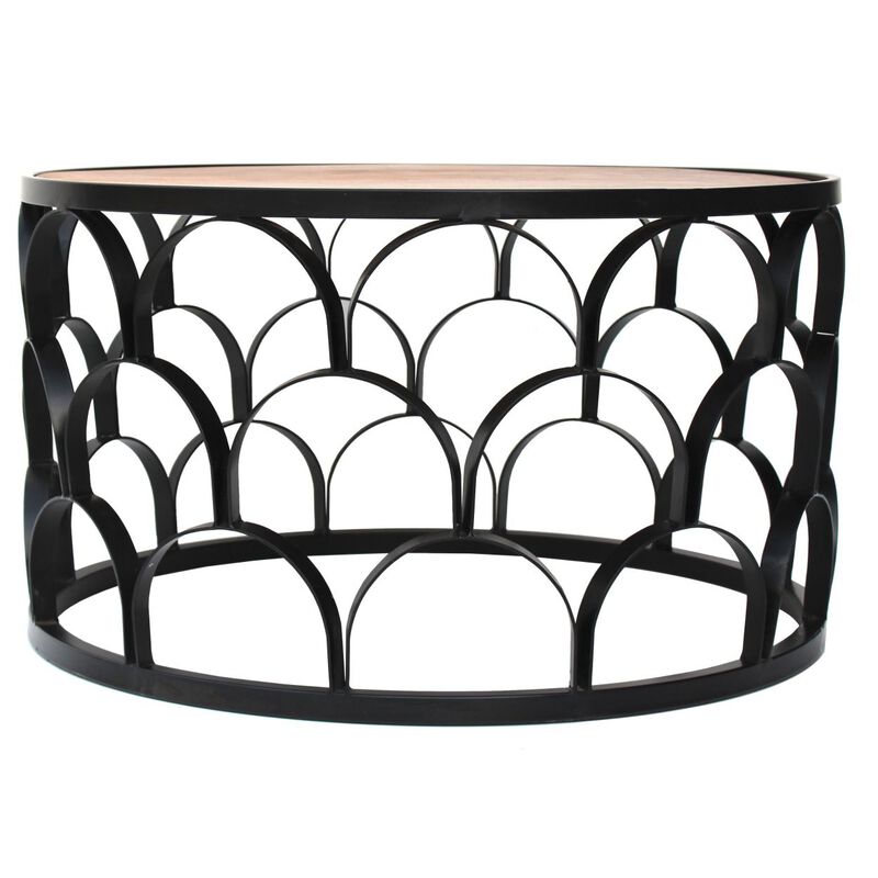 32 Inch Round Coffee Table, Mango Wood Top, Lattice Cut Out Metal Frame, Brown, Black image number 5