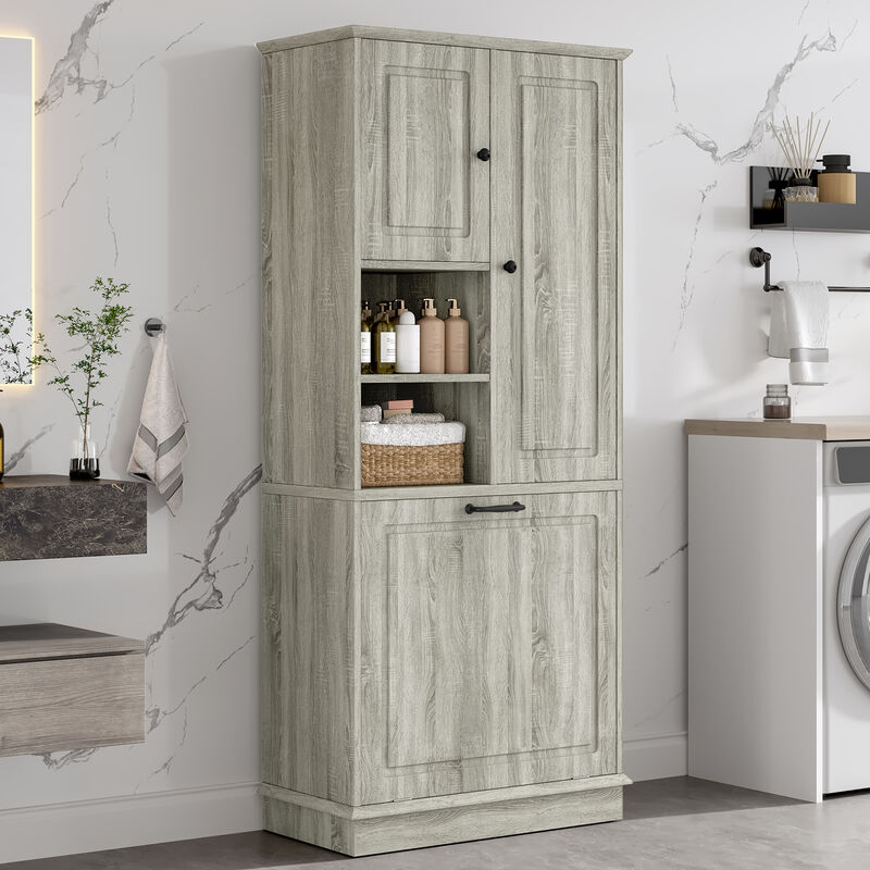 Merax Tall Storage Cabinet with Adjustable Shelves, Large Flip-Out Basket & Enclosed Cabinets – Perfect for Bathroom