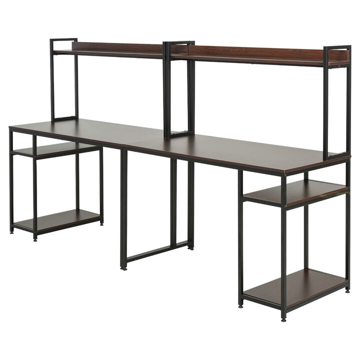 Black/Brown Home Office: Double Computer Desk with Open Shelf