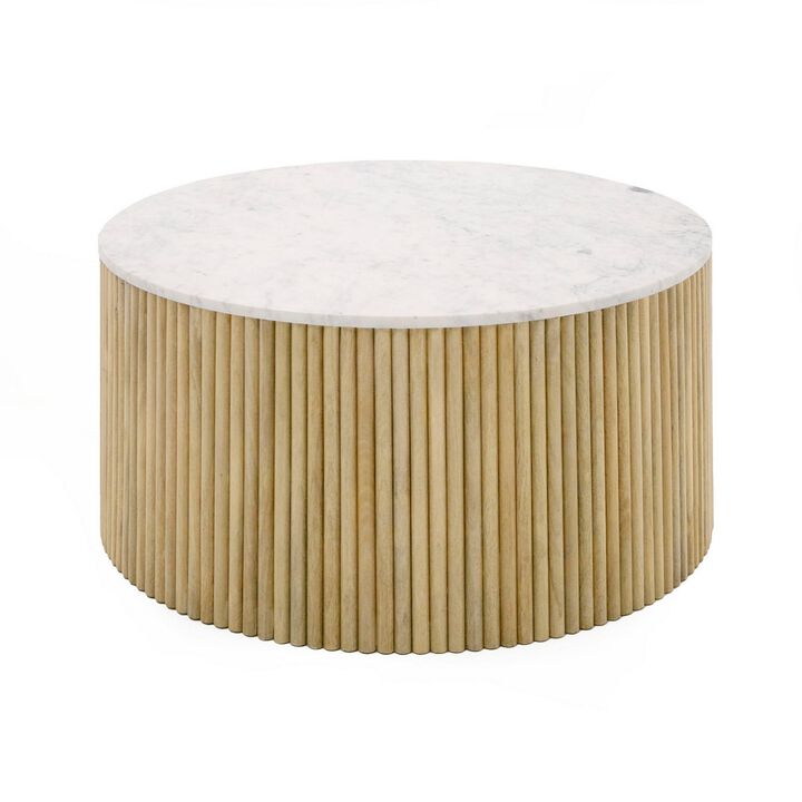 Cid Jolie 32 Inch Coffee Table, White Marble Top, Brown Mango Drum Base