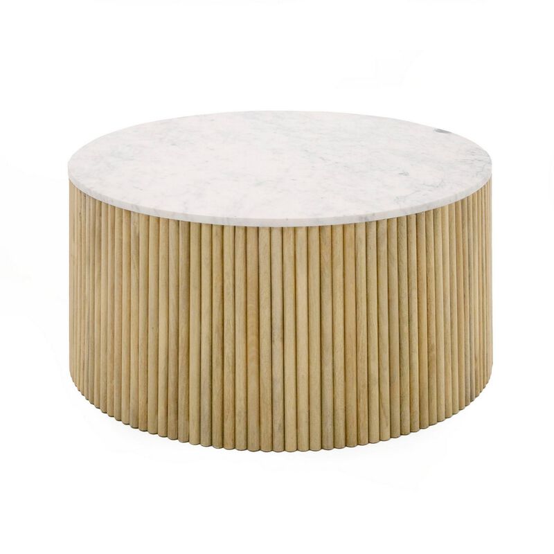 Cid Jolie 32 Inch Coffee Table, White Marble Top, Brown Mango Drum Base
