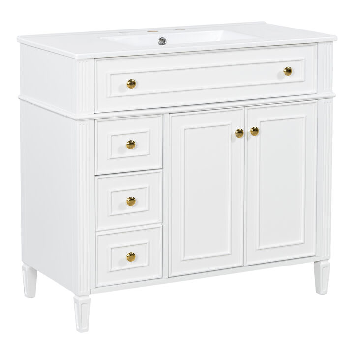 Merax Freestanding Bathroom Storage Vanity with Gold-Tone Handles, 2 Drawers & Cabinet