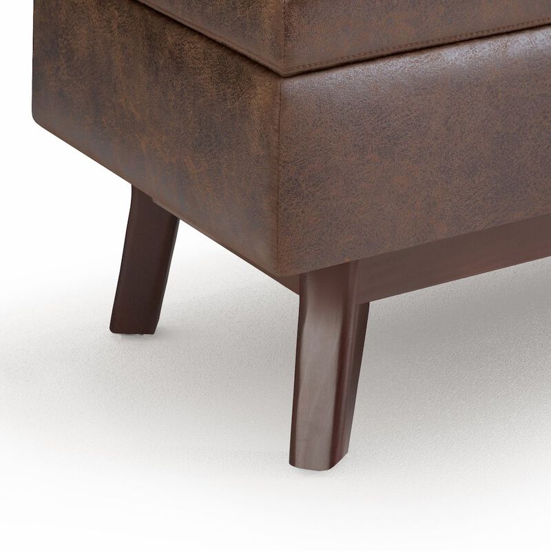 Simpli Home Rectangular Storage Ottoman In Distressed Chestnut Brown Vegan Faux Leather