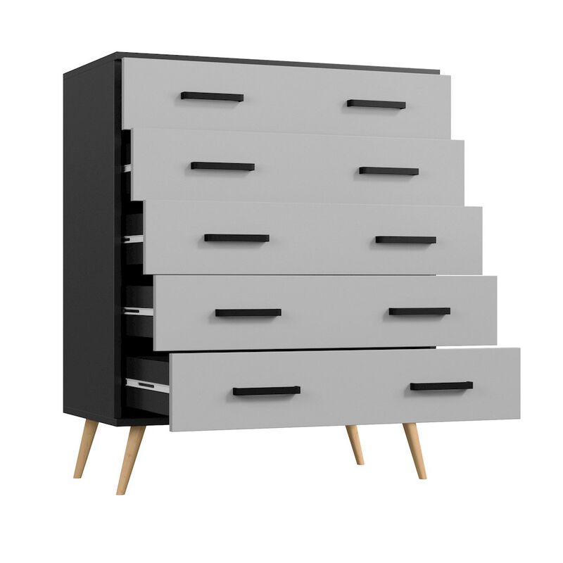 Eli Mid-Century Modern 5 Drawer Chest in Black & Light Gray Color