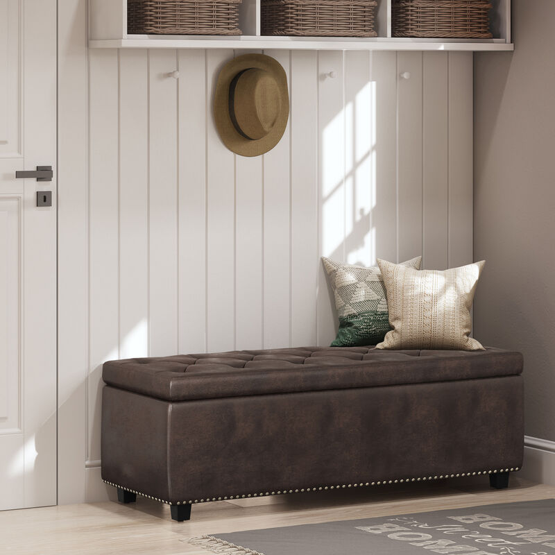 Hamilton 48 inch Wide Transitional Rectangle Storage Ottoman in Distressed Brown Faux Leather
