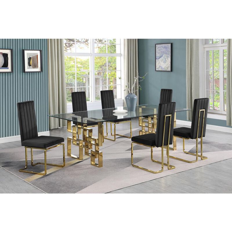 7-piece glam dining set with 6 Black chairs and one 95" glass  table