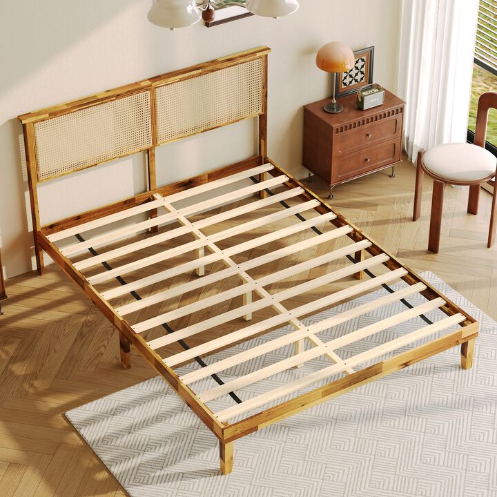 FUFU&GAGA Natural Solid Wood Bed Frame with Faux Hex Rattan Accent, Sturdy Acacia Platform Bed with Plywood Slats, No Box Spring Needed, Queen Size (82.6" L x 62" W x 41.1" H), Brown