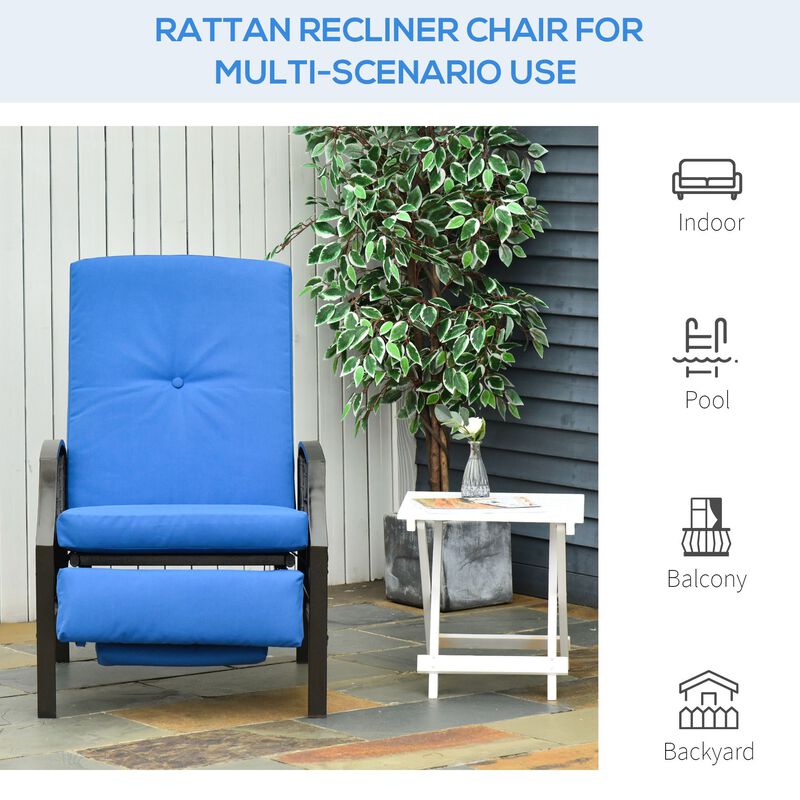 Outsunny Outdoor Recliner Chair, Reclining Patio Lounge Chair with Comfy Cushions, Footrest, Armrests, PE Wicker for Balcony, Porch, Blue