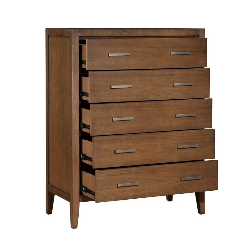 Evi Tall Dresser Chest, 5 Drawers, Brushed Rich Brown, Brass Pulls